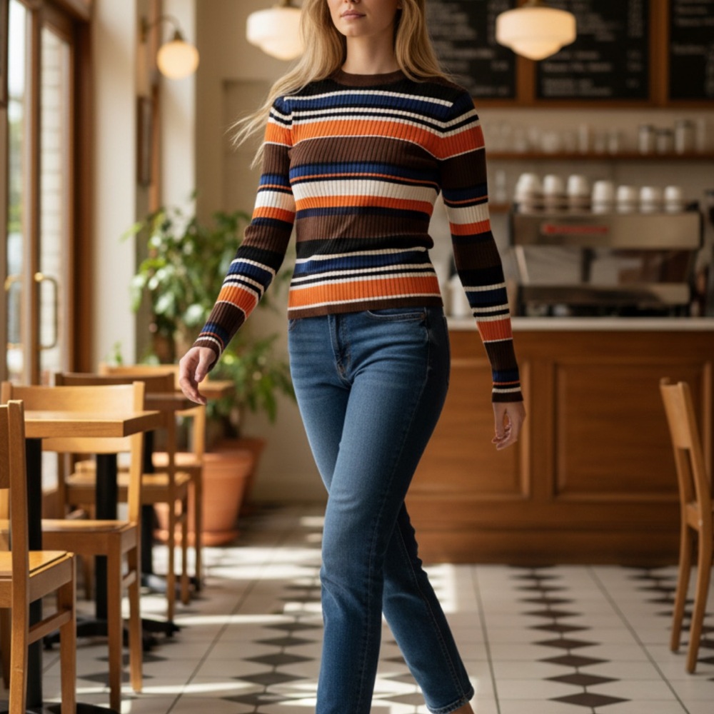 Costes Blue Ribbed Lettuce Hem Top S